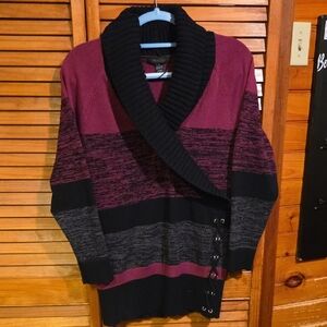 Style & Co Womens Burgundy and Black Shawl Collar Sweater